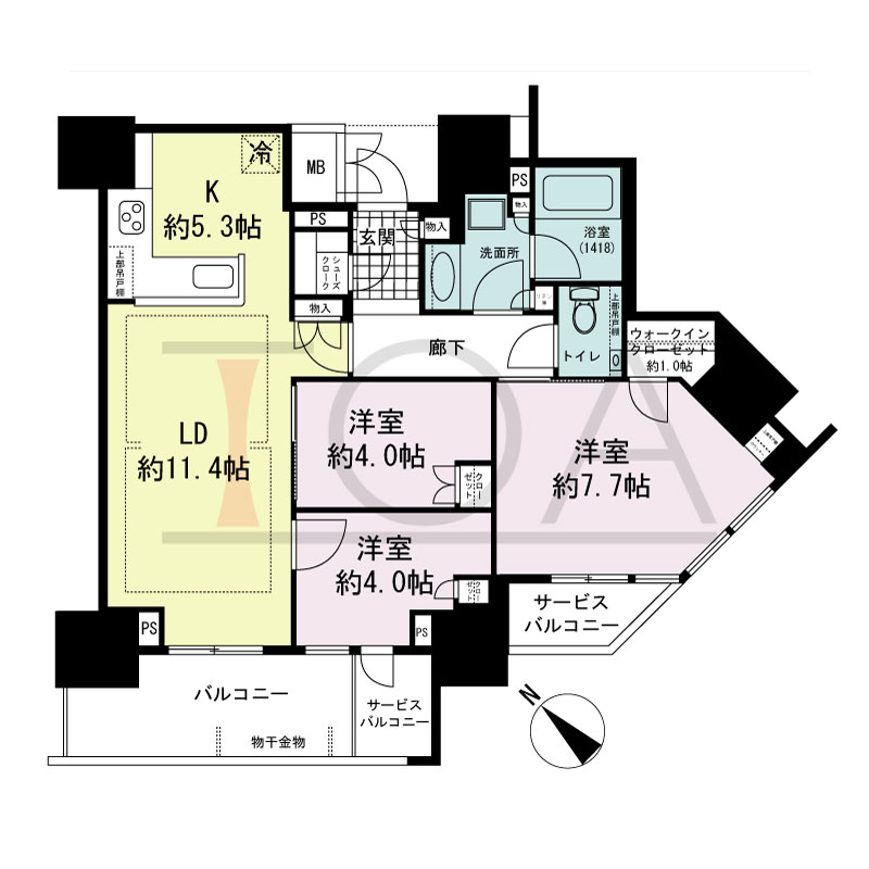 グランドメゾン上町台レジデンスタワーの間取り図 南向き 3LDK+WIC+SC 専有面積74.20m2
バルコニー面積8.44m2
サービスバルコニー面積5.10m2