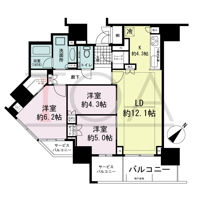 グランドメゾン上町台レジデンスタワーの間取り図 南向き角 3LDK+WIC+SC 専有面積76.27m2
バルコニー面積6.87m2
サービスバルコニー面積6.35m2