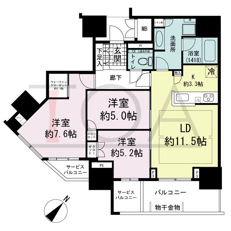 グランドメゾン上町台レジデンスタワーの間取り図 南向き 3LDK+WIC 専有面積76.81m2
バルコニー面積7.86m2
サービスバルコニー面積5.36m2