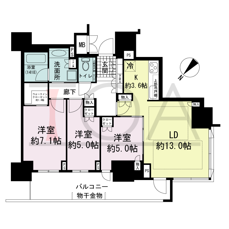 グランドメゾン上町台レジデンスタワーの間取り図 北西向き 3LDK+WIC 専有面積79.00m2
バルコニー面積14.38m2