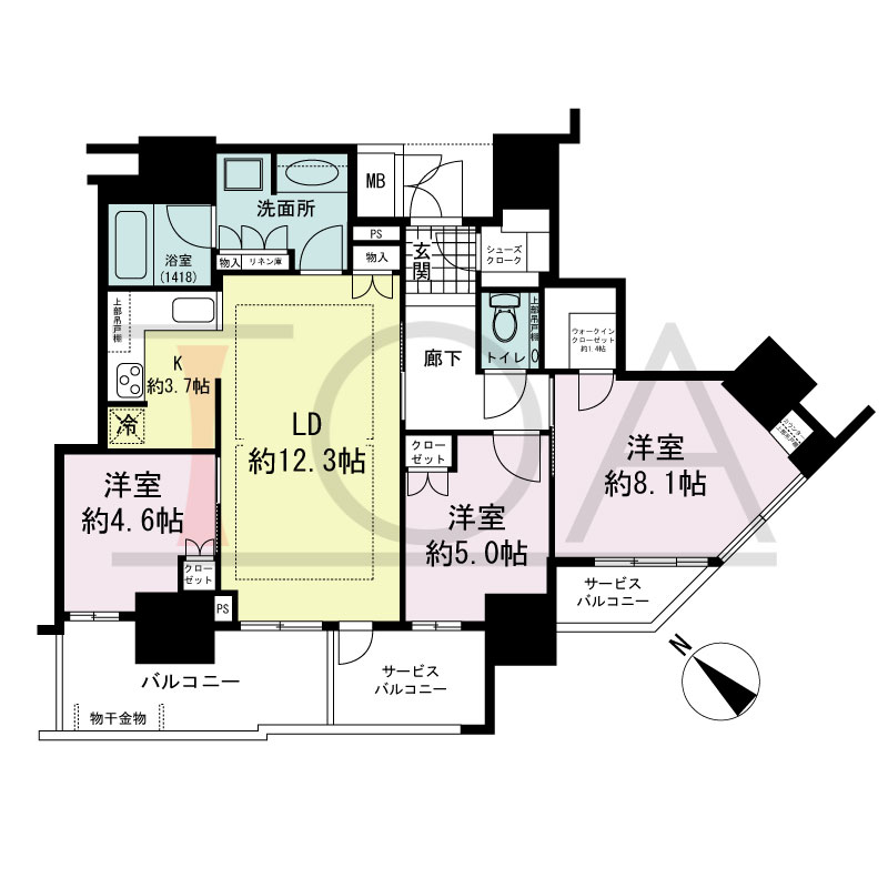 グランドメゾン上町台レジデンスタワーの間取り図 南向き 3LDK+WIC+SC 専有面積80.56m2
バルコニー面積9.03m2
サービスバルコニー面積7.71m2