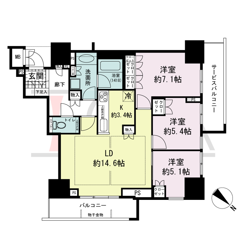 グランドメゾン上町台レジデンスタワーの間取り図 北向き 3LDK 専有面積80.64m2
バルコニー面積7.23m2
サービスバルコニー面積7.29m2