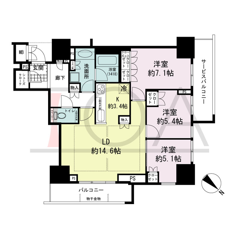 グランドメゾン上町台レジデンスタワーの間取り図 北向き 3LDK+SC 専有面積81.73m2
バルコニー面積7.10m2
サービスバルコニー面積7.29m2
