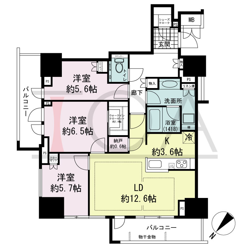 グランドメゾン上町台レジデンスタワーの間取り図 8?12階
北向き 3LDK+N+WIC+SC 専有面積82.18m2
バルコニー面積13.61m2
13?19階
バルコニー面積10.65m2
サービスバルコニー面積2.96m2