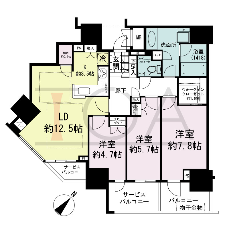 グランドメゾン上町台レジデンスタワーの間取り図 南向き 3LDK+N+WIC 専有面積82.75m2
バルコニー面積5.41m2
サービスバルコニー面積7.87m2