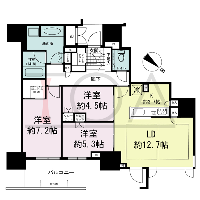 グランドメゾン上町台レジデンスタワーの間取り図 南向き 3LDK+N+WIC 専有面積82.75m2
バルコニー面積5.41m2
サービスバルコニー面積7.87m2