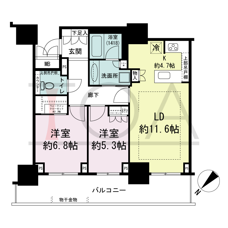 グランドメゾン上町台レジデンスタワーの間取り図 北西向き 2LDK+WIC 専有面積69.16m2
バルコニー面積17.71m2