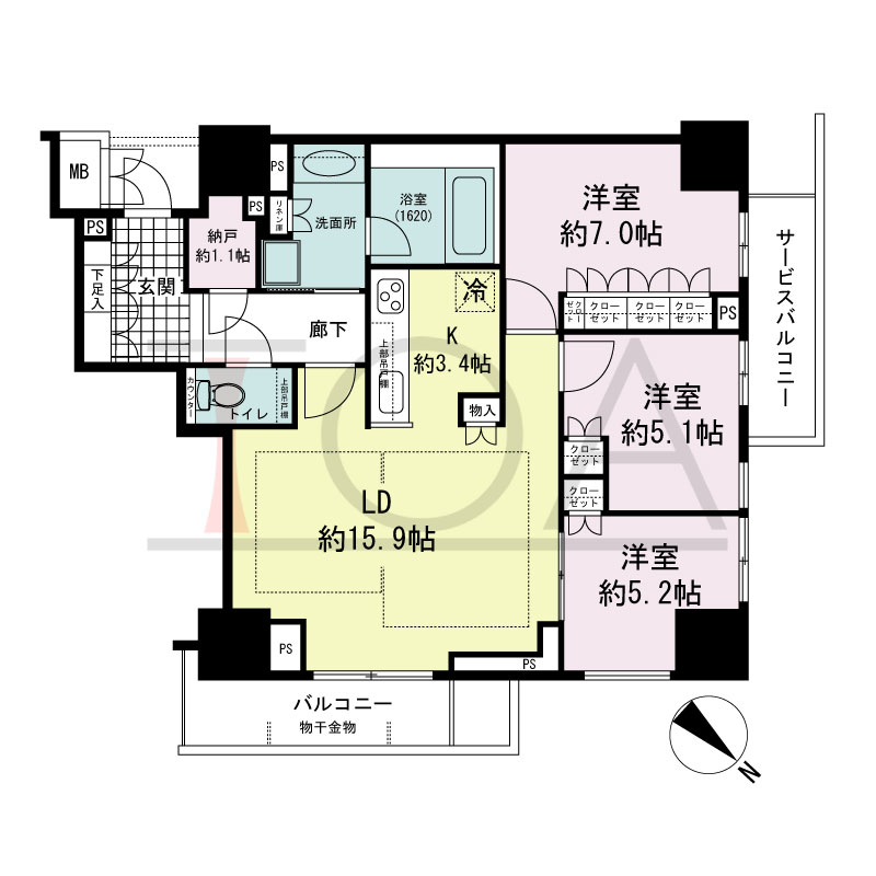 グランドメゾン上町台レジデンスタワーの間取り図 北東向き 3LDK+N 専有面積84.61m2
バルコニー面積6.29m2
サービスバルコニー面積6.74m2