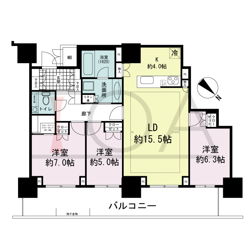グランドメゾン上町台レジデンスタワーの間取り図 北東向き 3LDK+WIC 専有面積87.96m2
バルコニー面積21.28m2
