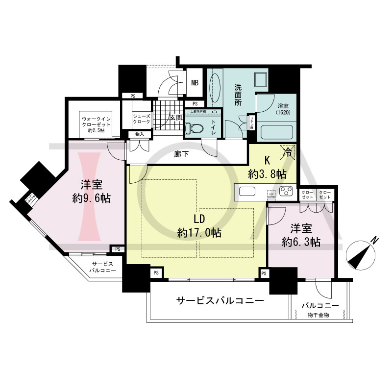 グランドメゾン上町台レジデンスタワーの間取り図 南東向き 2LDK+WIC 専有面積90.72m2
バルコニー面積4.59m2
サービスバルコニー面積12.92m2