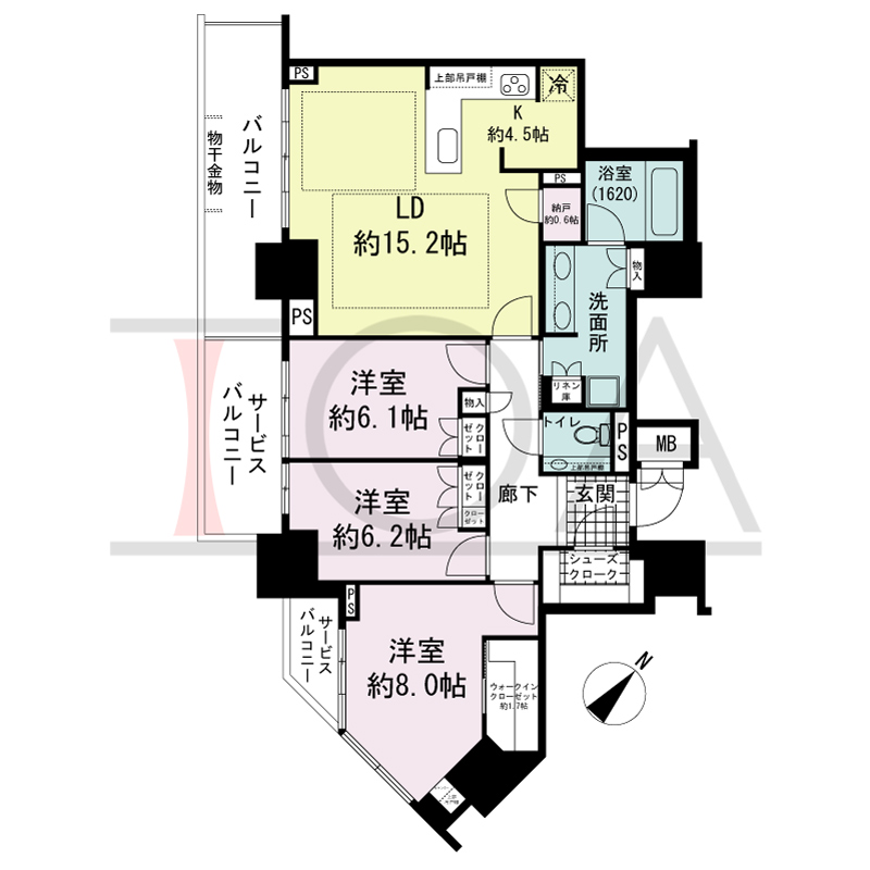 グランドメゾン上町台レジデンスタワーの間取り図 南西向き 3LDK+N+WIC+SC 専有面積99.93m2
バルコニー面積11.86m2
サービスバルコニー面積10.23m2