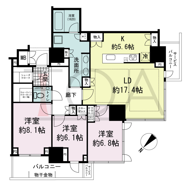 グランドメゾン上町台レジデンスタワーの間取り図 南西向き 3LDK+WIC+SC 専有面積107.42m2
バルコニー面積9.11m2
サービスバルコニー面積5.30m2