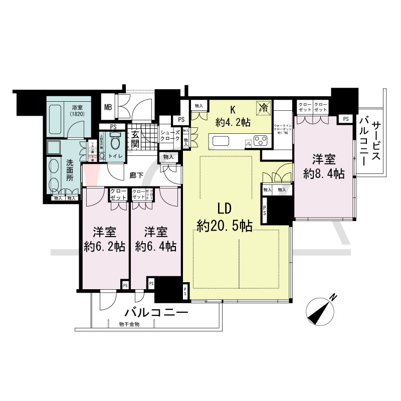 グランドメゾン上町台レジデンスタワーの間取り図 南東向き 3LDK+WIC+SC 専有面積109.70m2
バルコニー面積9.44m2
サービスバルコニー面積4.05m2