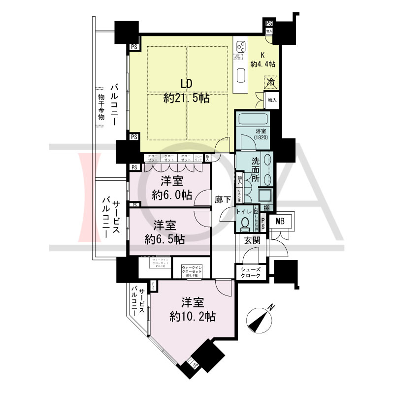 グランドメゾン上町台レジデンスタワーの間取り図 南西向き 3LDK+2WIC+SC 専有面積115.23m2
バルコニー面積13.60m2
サービスバルコニー面積10.20m2