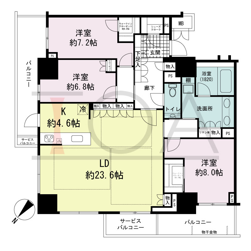 グランドメゾン上町台レジデンスタワーの間取り図 北東向き 3LDK+2WIC+SC 専有面積120.51m2
バルコニー面積17.93m2
サービスバルコニー面積4.81m2