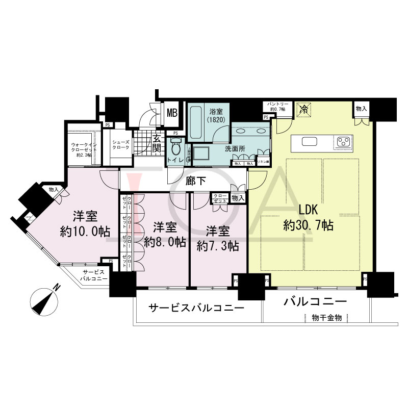 グランドメゾン上町台レジデンスタワーの間取り図 南東向き 3LDK+WIC+SC 専有面積132.92m2
バルコニー面積9.36m2
サービスバルコニー面積13.37m2