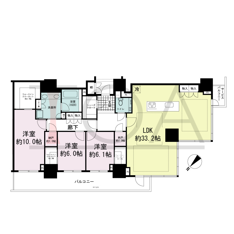 グランドメゾン上町台レジデンスタワーの間取り図 北西向き 3LDK+2N+3WIC+SC 専有面積139.49m2
バルコニー面積21.75m2
サービスバルコニー面積2.61m2