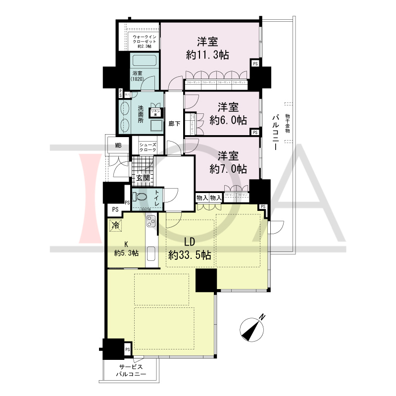グランドメゾン上町台レジデンスタワーの間取り図 北東向き 3LDK+WIC+SC 専有面積143.47m2
バルコニー面積21.23m2
サービスバルコニー面積4.07m2