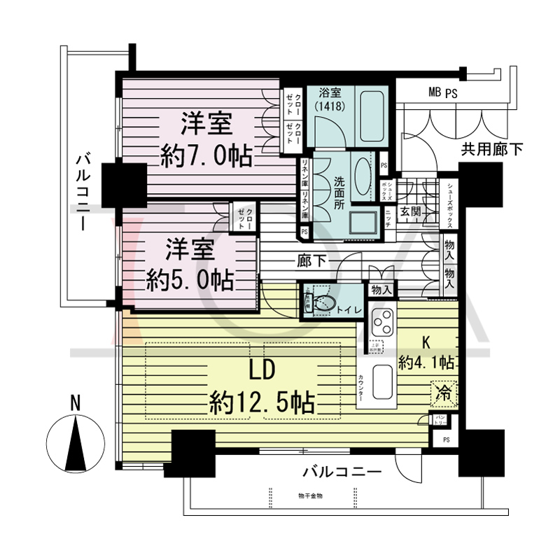 ブランズタワー・ウェリス心斎橋SOUTHの間取り図 南西向き角　2LDK　専有面積66.77m2
バルコニー面積16.71m2