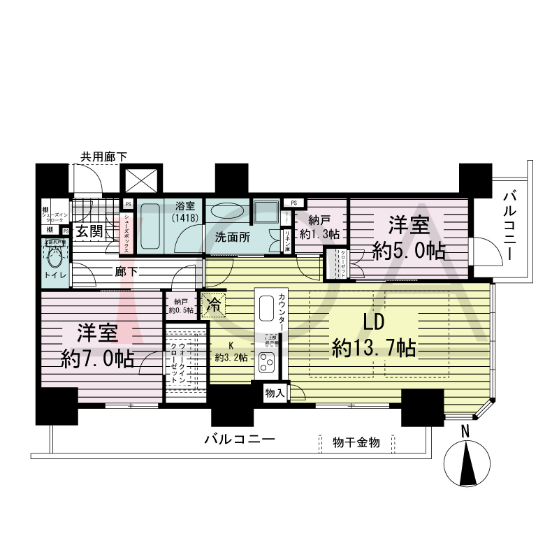 ブランズタワー・ウェリス心斎橋SOUTHの間取り図 南東向き　2LDK+2N　専有面積70.98m2
バルコニー面積18.22m2