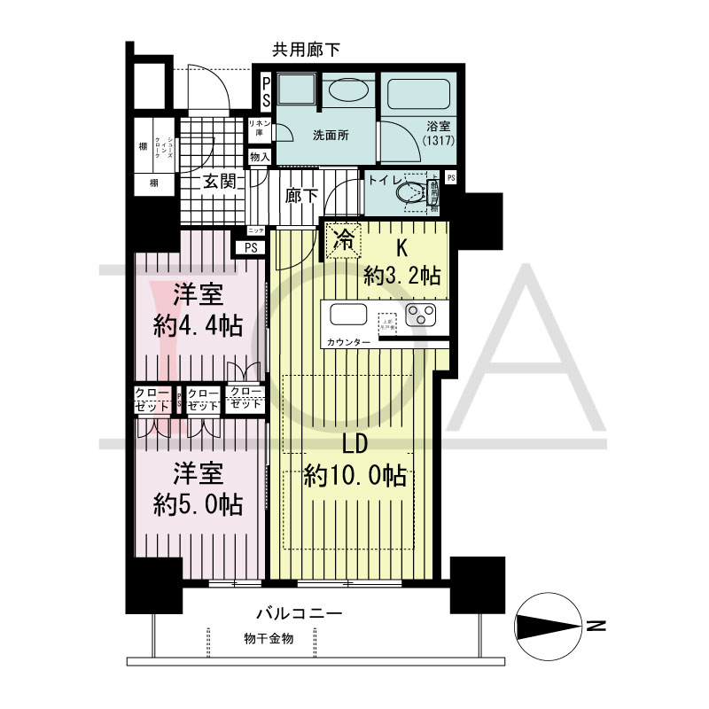 ブランズタワー・ウェリス心斎橋SOUTHの間取り図 東向き　2LDK　専有面積54.41m2
バルコニー面積8.40m2