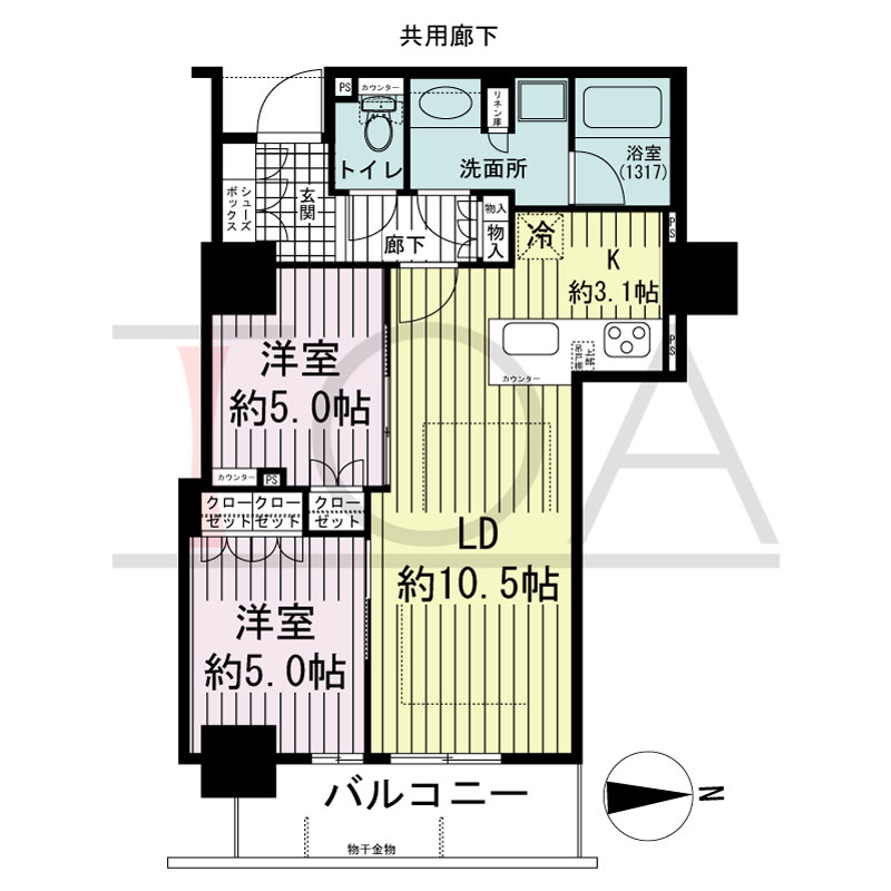 ブランズタワー・ウェリス心斎橋SOUTHの間取り図 東向き　2LDK　専有面積55.06m2
バルコニー面積6.65m2