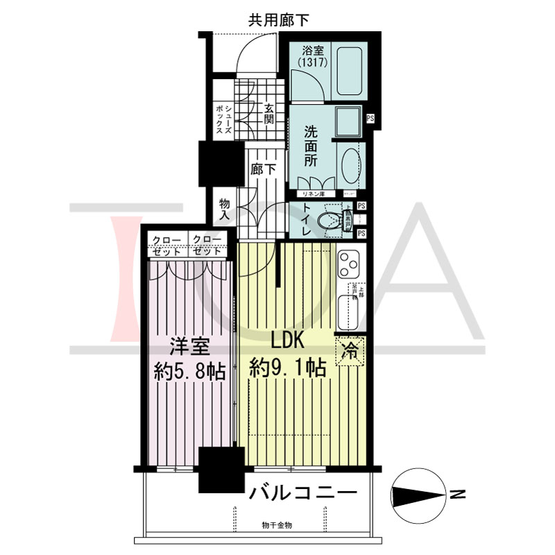 ブランズタワー・ウェリス心斎橋SOUTHの間取り図 東向き　1LDK　専有面積40.39m2
バルコニー面積7.00m2