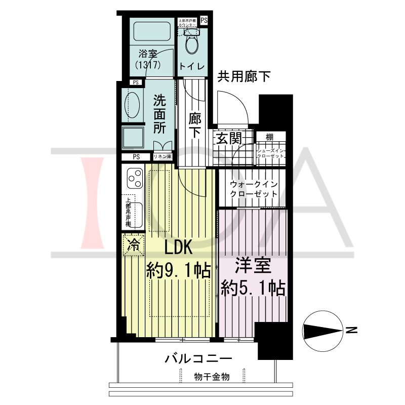 ブランズタワー・ウェリス心斎橋SOUTHの間取り図 東向き　1LDK　専有面積40.02m2
バルコニー面積6.44m2