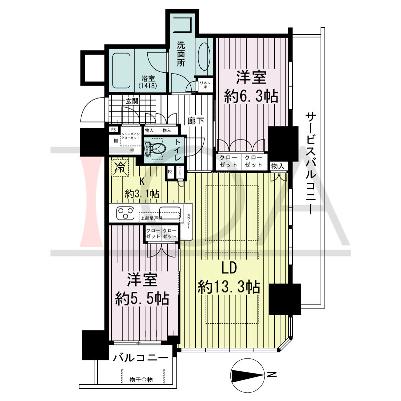 ブランズタワー・ウェリス心斎橋SOUTHの間取り図 北東向き　2LDK　専有面積63.65m2
バルコニー面積3.70m2
サービスバルコニー面積8.96m2