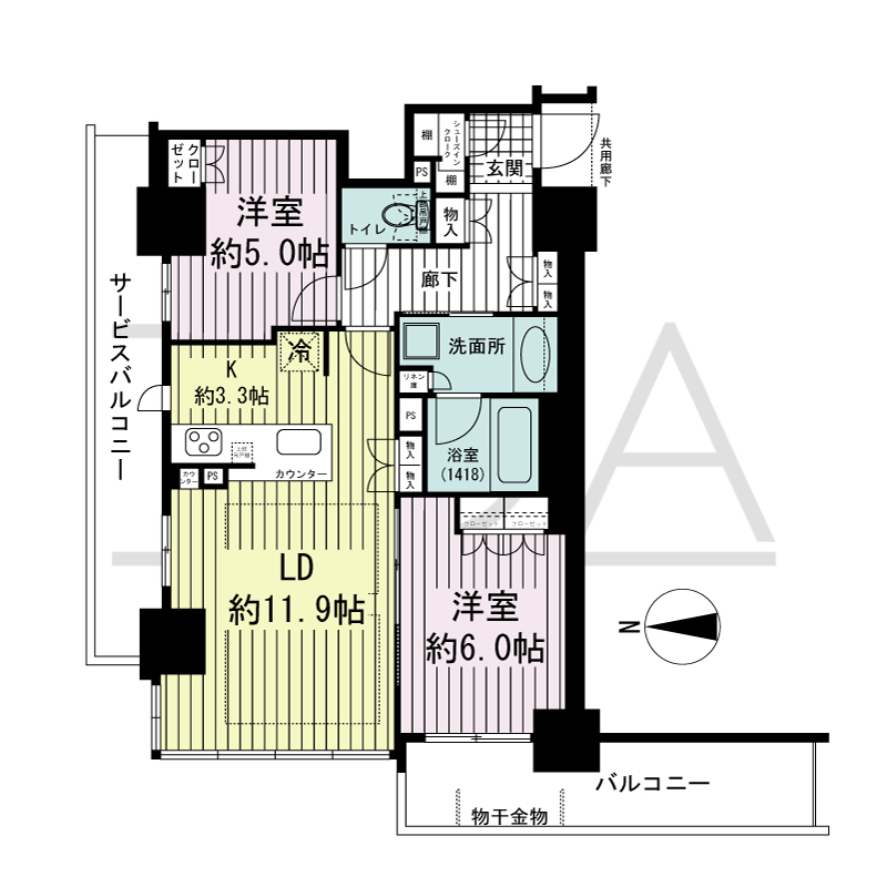 ブランズタワー・ウェリス心斎橋SOUTHの間取り図 北西向き角　2LDK　専有面積63.39m2
バルコニー面積9.23m2
サービスバルコニー面積9.31m2