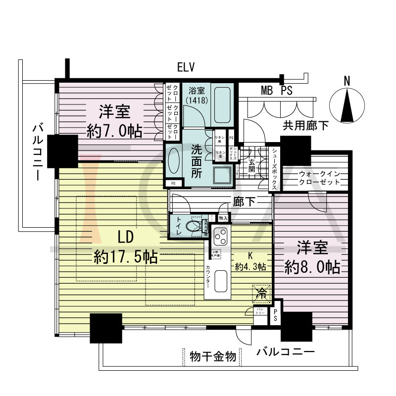 ブランズタワー・ウェリス心斎橋SOUTHの間取り図 南西向き角　2LDK　専有面積81.75m2
バルコニー面積19.47m2