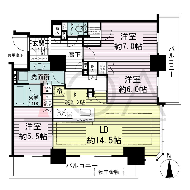 ブランズタワー・ウェリス心斎橋SOUTHの間取り図 南東向き　3LDK　専有面積83.60m2
バルコニー面積19.66m2