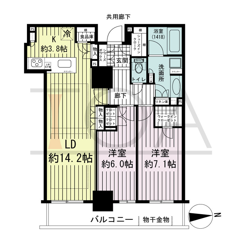 ブランズタワー・ウェリス心斎橋SOUTHの間取り図 東向き　2LDK　専有面積73.91m2
バルコニー面積10.43m2