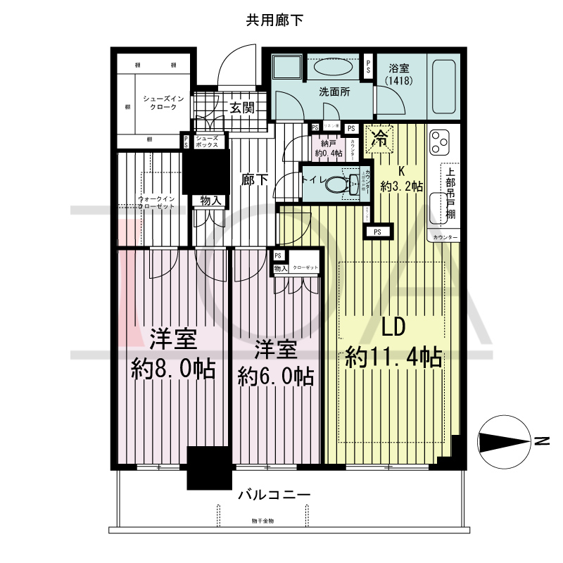 ブランズタワー・ウェリス心斎橋SOUTHの間取り図 東向き　2LDK+N　専有面積73.62m2
バルコニー面積11.00m2