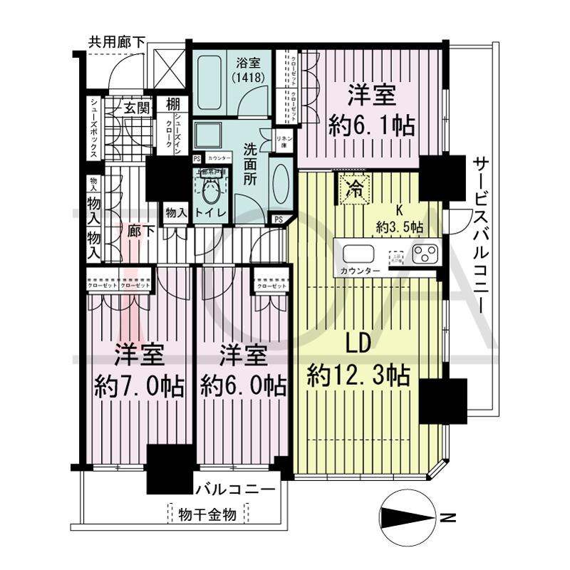 ブランズタワー・ウェリス心斎橋SOUTHの間取り図 北東向き　3LDK　専有面積80.55m2
バルコニー面積6.56m2
サービスバルコニー面積9.17m2