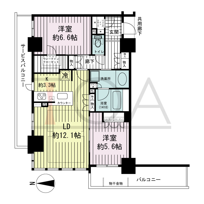 ブランズタワー・ウェリス心斎橋SOUTHの間取り図 北西向き角　2LDK　専有面積67.17m2
バルコニー面積9.23m2
サービスバルコニー面積9.78m2