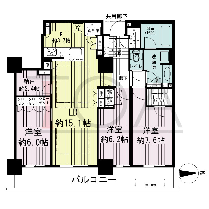 ブランズタワー・ウェリス心斎橋SOUTHの間取り図 東向き　3LDK+N　専有面積92.55m2
バルコニー面積14.63m2