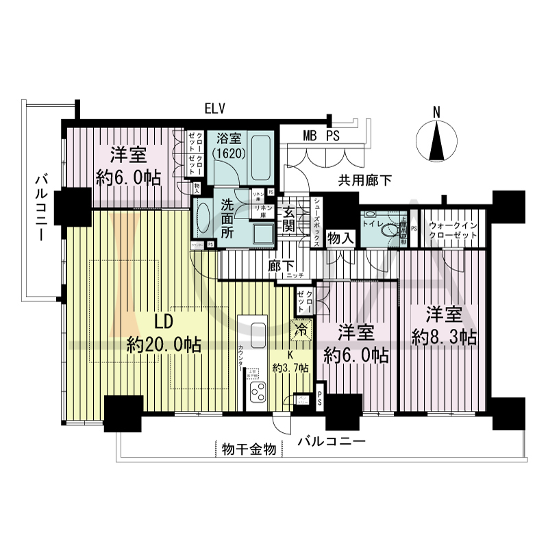 ブランズタワー・ウェリス心斎橋SOUTHの間取り図 南西向き角　3LDK　専有面積97.02m2
バルコニー面積24.34m2