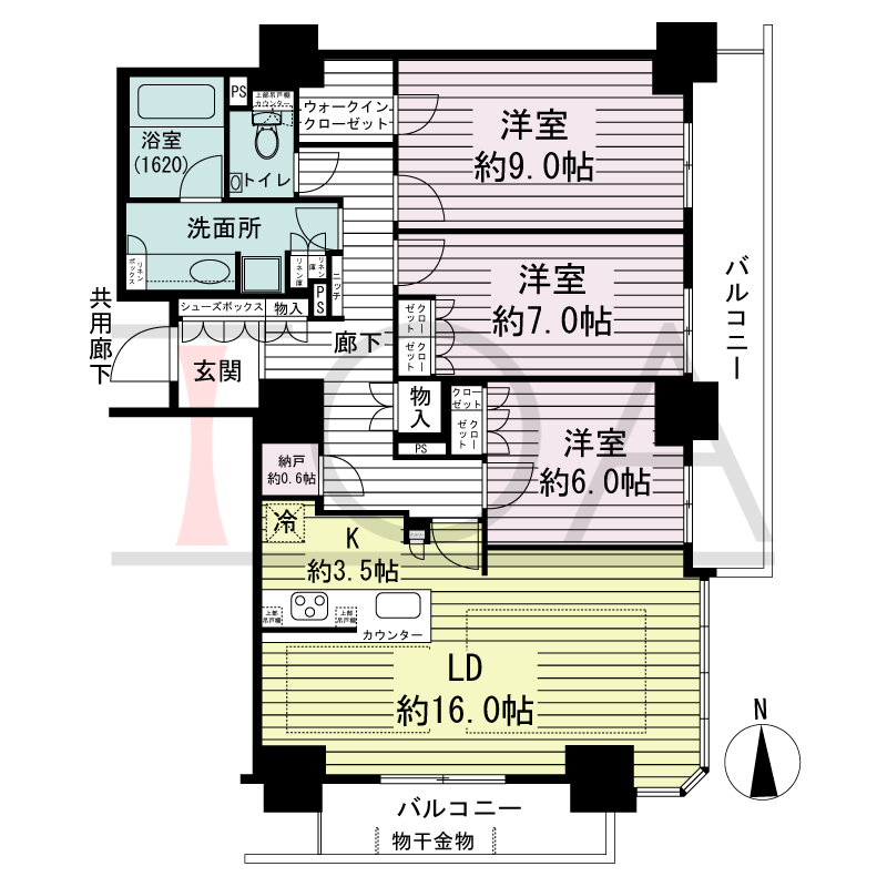 ブランズタワー・ウェリス心斎橋SOUTHの間取り図 南東向き　3LDK+N　専有面積101.05m2
バルコニー面積18.99m2