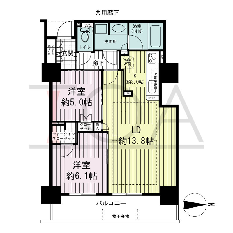ブランズタワー・ウェリス心斎橋SOUTHの間取り図 東向き　2LDK　専有面積61.95m2
バルコニー面積9.70m2