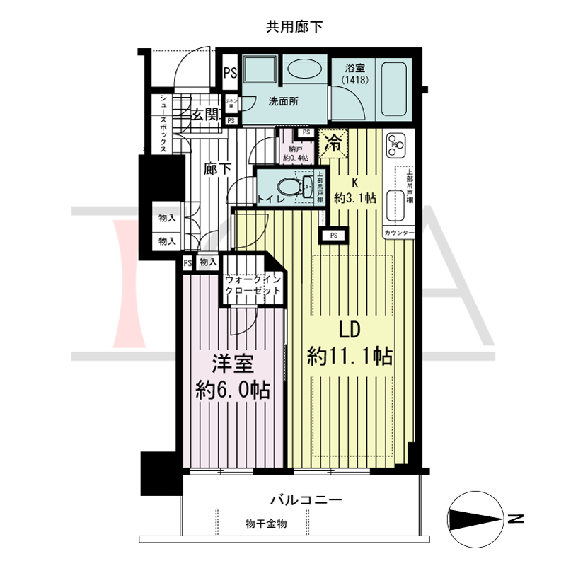 ブランズタワー・ウェリス心斎橋SOUTHの間取り図 東向き　1LDK+N　専有面積53.46m2
バルコニー面積7.53m2