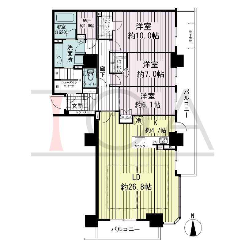 ブランズタワー・ウェリス心斎橋SOUTHの間取り図 南東向き　3LDK+N　専有面積126.74m2
バルコニー面積24.41m2