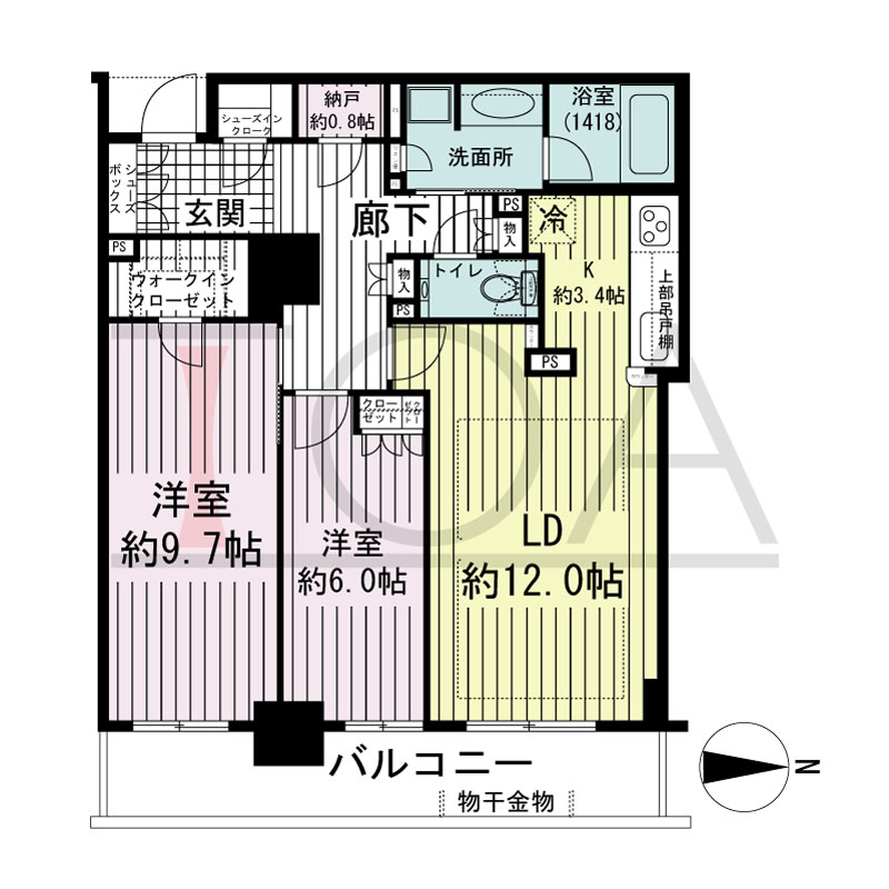 ブランズタワー・ウェリス心斎橋SOUTHの間取り図 東向き　2LDK+N　専有面積77.75m2
バルコニー面積11.41m2
