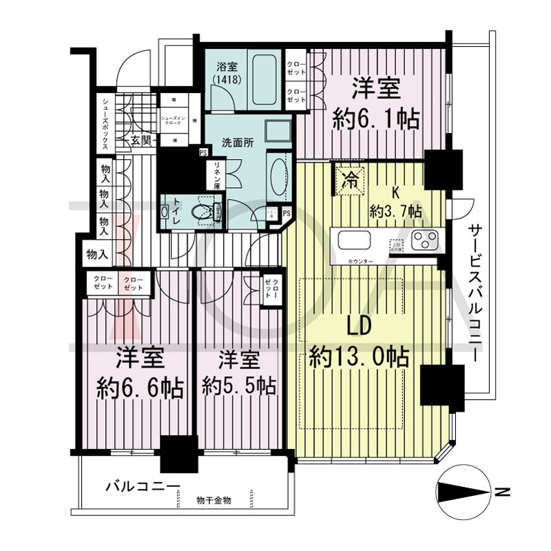 ブランズタワー・ウェリス心斎橋SOUTHの間取り図 北東向き　3LDK　専有面積82.14m2
バルコニー面積6.99m2
サービスバルコニー面積9.17m2