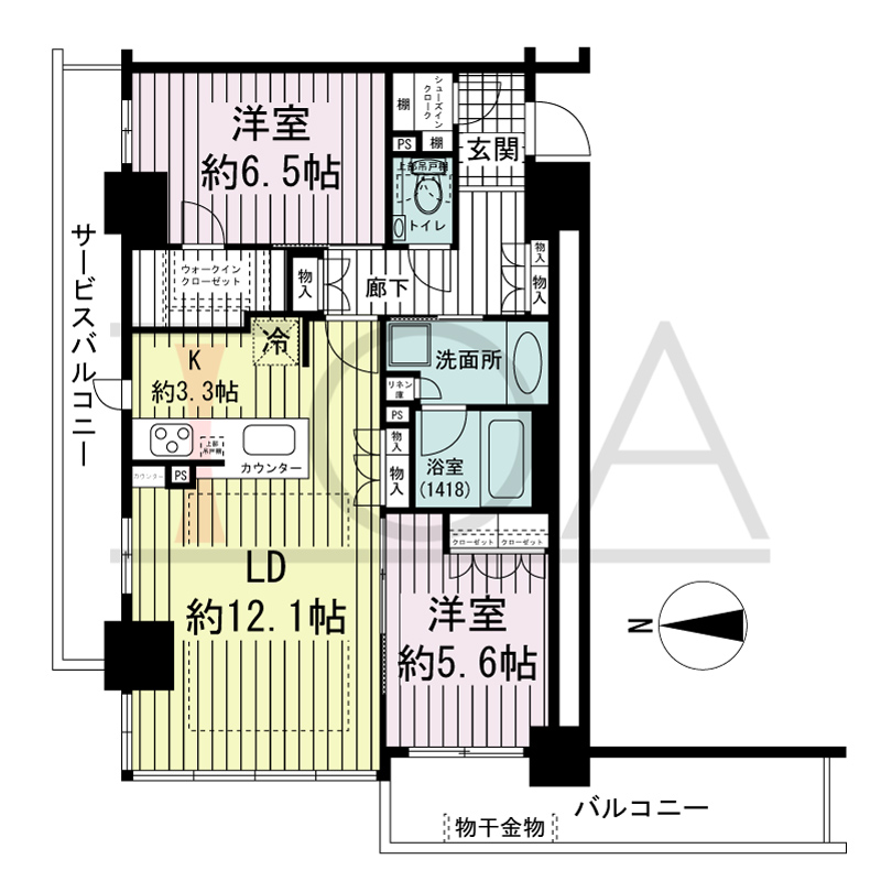 ブランズタワー・ウェリス心斎橋SOUTHの間取り図 北西向き角　2LDK　専有面積67.17m2
バルコニー面積9.23m2
サービスバルコニー面積9.78m2