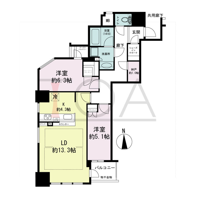 クレヴィアタワー大阪本町の間取り図 南向き角　2LDK+N+WIC+SIC　専有面積71.31m2
バルコニー面積3.34m2
サービスバルコニー面積1.46m2