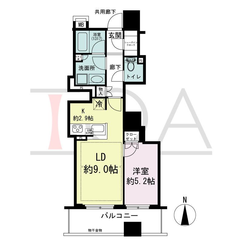 クレヴィアタワー大阪本町の間取り図 南向き　1LDK+SIC　専有面積44.40m2
バルコニー面積8.88m2