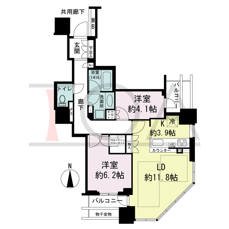 クレヴィアタワー大阪本町の間取り図 南東向き　2LDK+WIC　専有面積65.01m2
バルコニー面積7.89m2