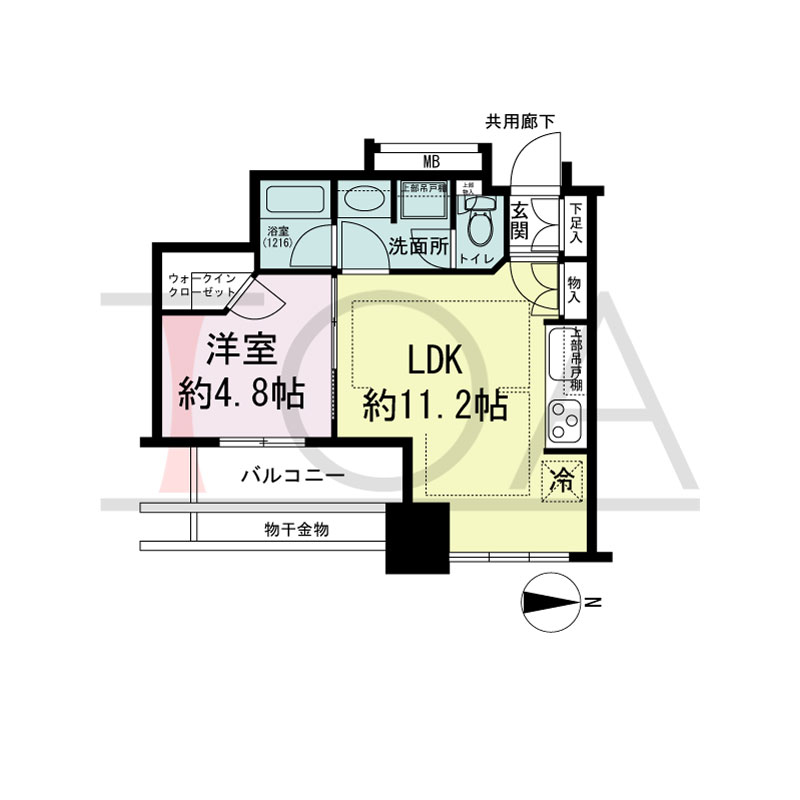 クレヴィアタワー大阪本町の間取り図 東向き　1LDK+WIC　専有面積37.32m2
バルコニー面積6.03m2