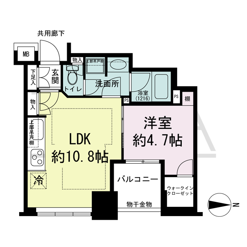 クレヴィアタワー大阪本町の間取り図 東向き　1LDK+WIC　専有面積37.48m2
バルコニー面積3.90m2
